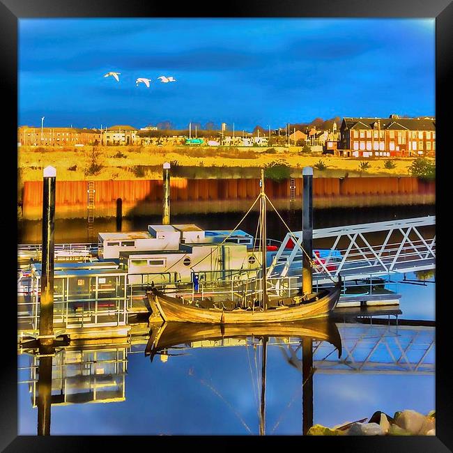 Three Geese Flying Up River over the Clyde Framed Print by Tylie Duff Photo Art