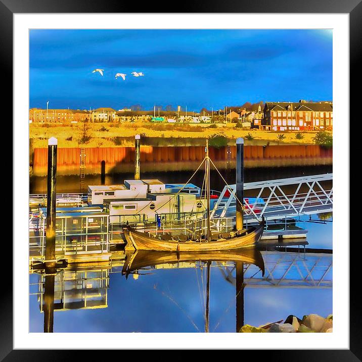 Three Geese Flying Up River over the Clyde Framed Mounted Print by Tylie Duff Photo Art