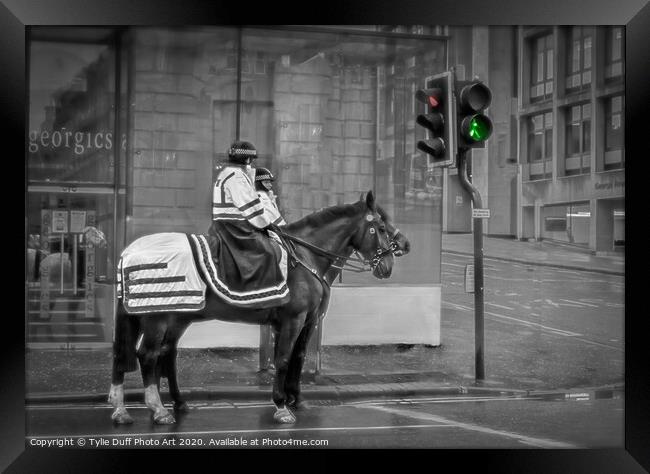 Police Horses At Glasgow Traffic Lights (Spot colo Framed Print by Tylie Duff Photo Art