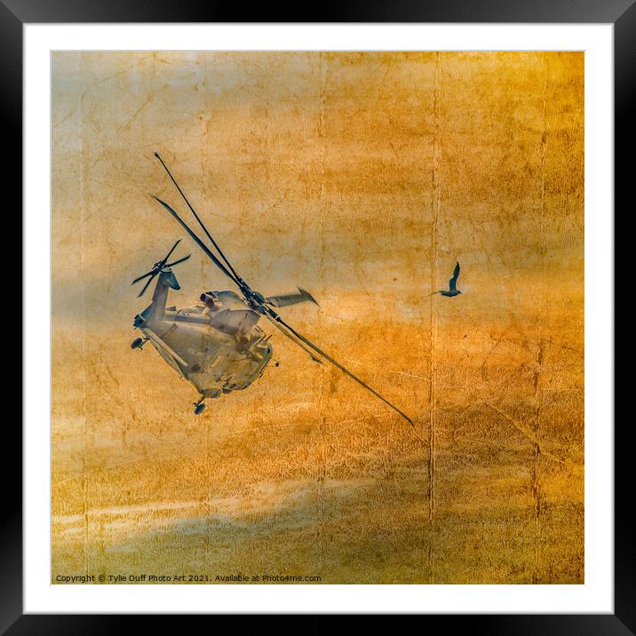 Helicopter Chasing Seagull Framed Mounted Print by Tylie Duff Photo Art