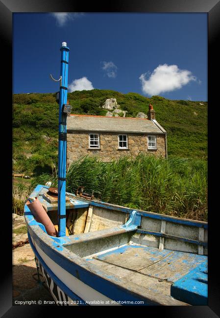 Boat and Fishermans Cottage, Penberth, Cornwall Framed Print by Brian Pierce
