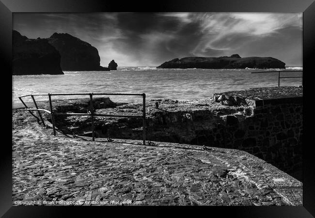 Mullion Cover and the Island Beyond (Monochrome) Framed Print by Brian Pierce