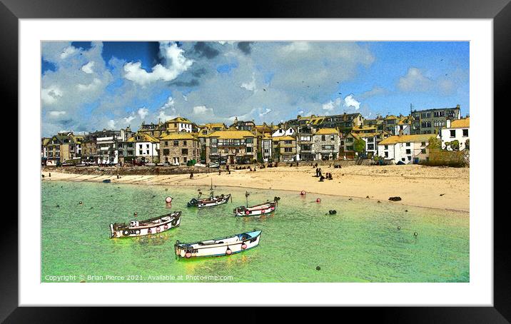 Set Ives Harbour (Pen + Watercolour - Digital Art) Framed Mounted Print by Brian Pierce