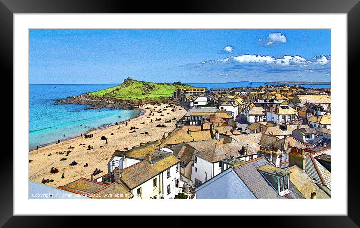 Porthmeor Beach and the Island, St Ives (Pen + Wat Framed Mounted Print by Brian Pierce