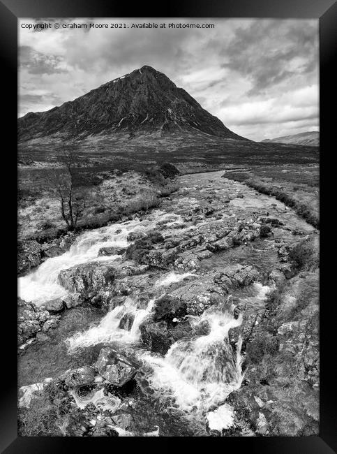 Buachaille Etive Mor and waterfall monochrome Framed Print by Graham Moore