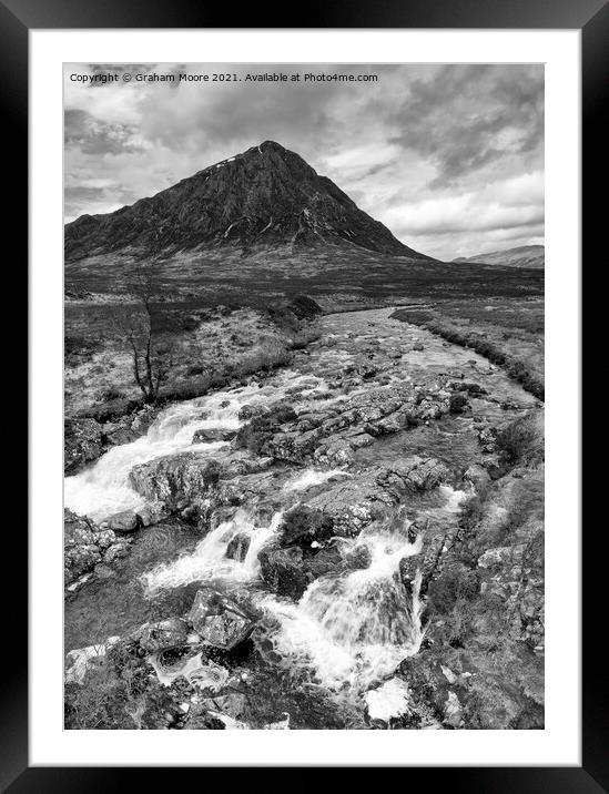 Buachaille Etive Mor and waterfall monochrome Framed Mounted Print by Graham Moore