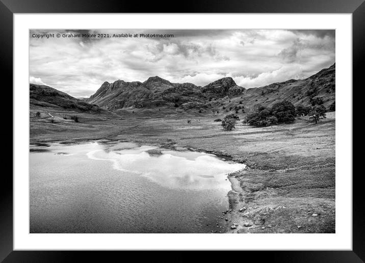 Blea Tarn the Langdale Pikes and Side Pike monochrome Framed Mounted Print by Graham Moore