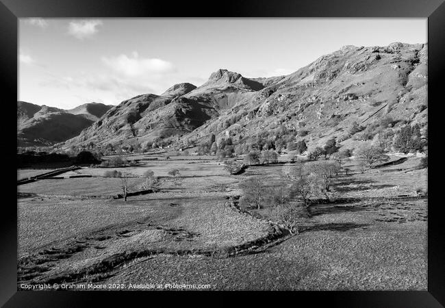 Langdale Pikes hor mono Framed Print by Graham Moore