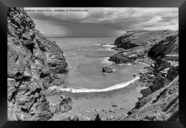 Clearing storm at Tintagel monochrome Framed Print by Graham Moore