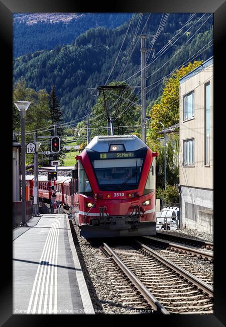 Train approaching Poschiavo station Framed Print by Graham Moore
