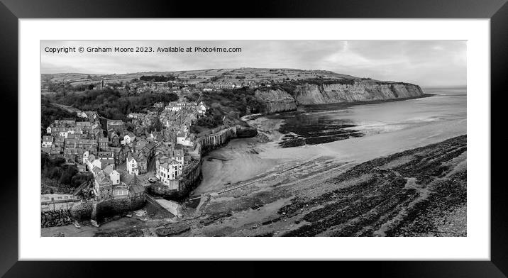 Robin Hoods Bay elevated view panorama monochrome Framed Mounted Print by Graham Moore