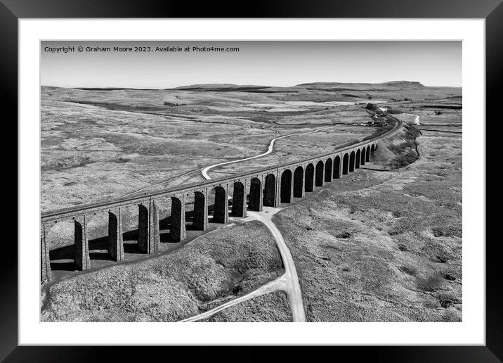 Ribblehead Viaduct elevated view monochrome Framed Mounted Print by Graham Moore