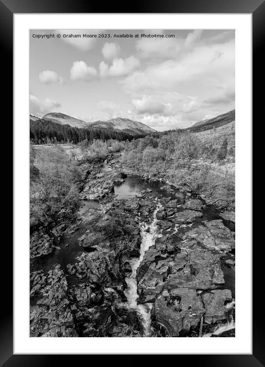 Falls of Orchy elevated view monochrome Framed Mounted Print by Graham Moore