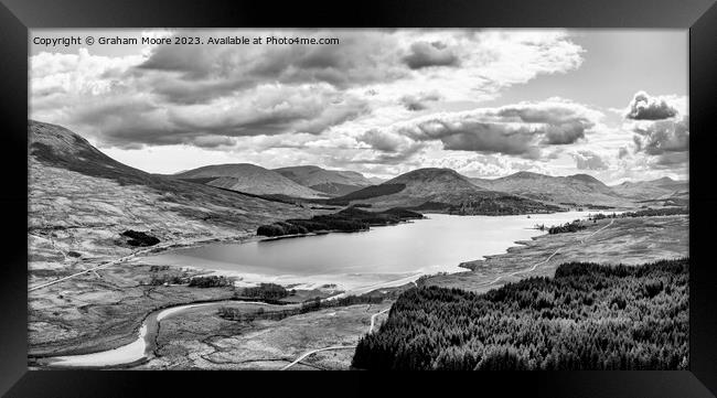 Loch Tulla elevated pan monochrome Framed Print by Graham Moore