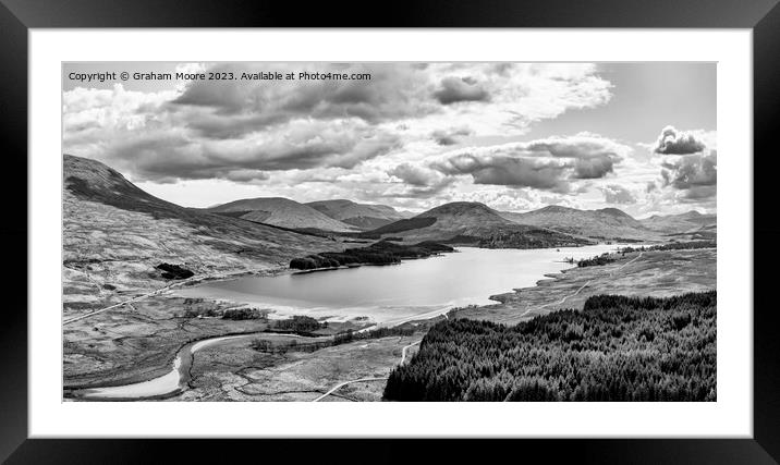 Loch Tulla elevated pan monochrome Framed Mounted Print by Graham Moore