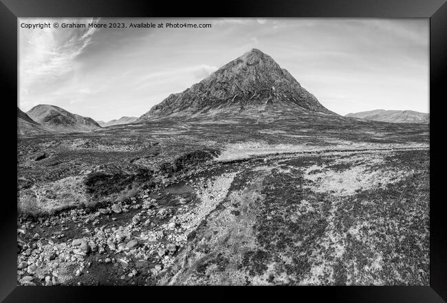 Buachaille Etive Mor and River Coupall monochrome Framed Print by Graham Moore