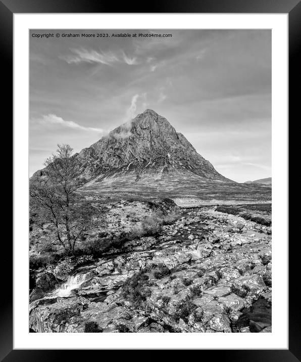 Buachaille Etive Mor and falls monochrome Framed Mounted Print by Graham Moore
