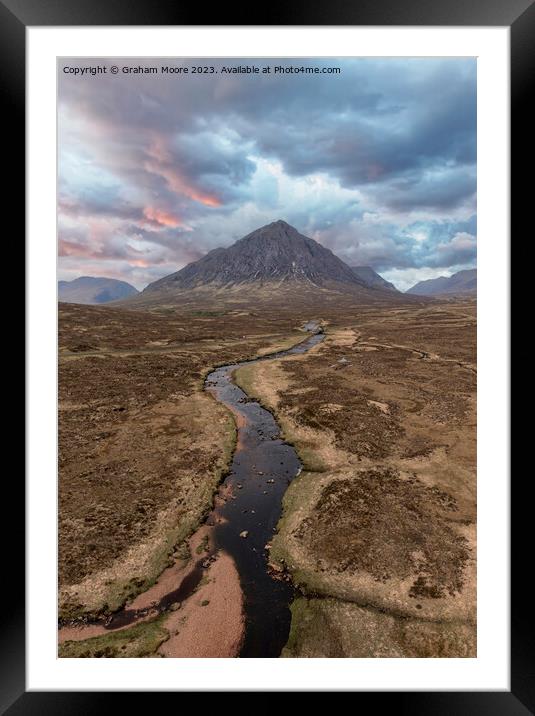 Buachaille Etive Mor and River Etive simulated sunset Framed Mounted Print by Graham Moore