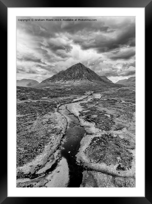 Buachaille Etive Mor and River Etive simulated sunset monochrome Framed Mounted Print by Graham Moore