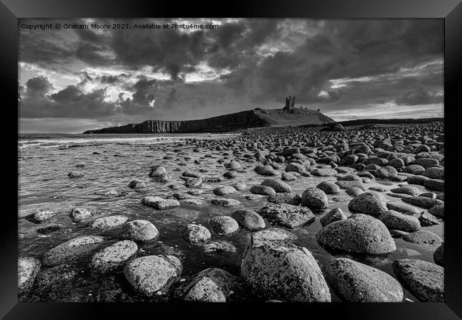 Dunstanburgh Castle from the north monochrome Framed Print by Graham Moore