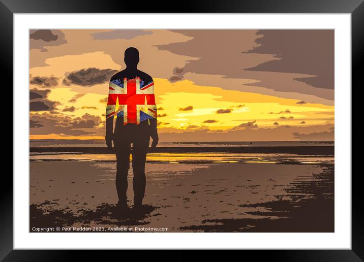 Crosby Beach Iron Man with Union Jack Framed Mounted Print by Paul Madden
