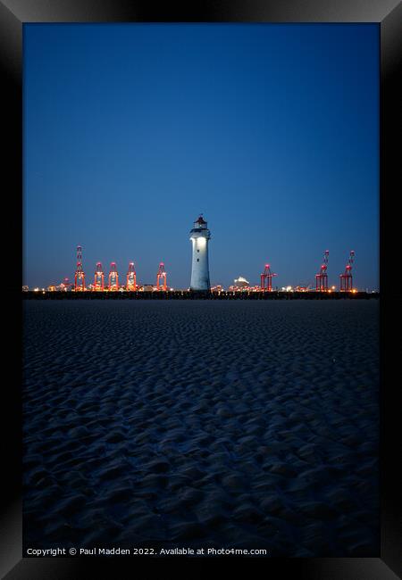 New Brighton Lighthouse at night Framed Print by Paul Madden