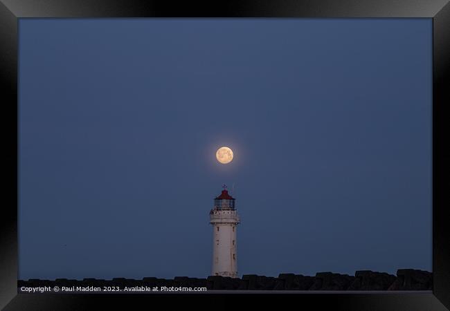 Full moon and New Brighton lighthouse Framed Print by Paul Madden