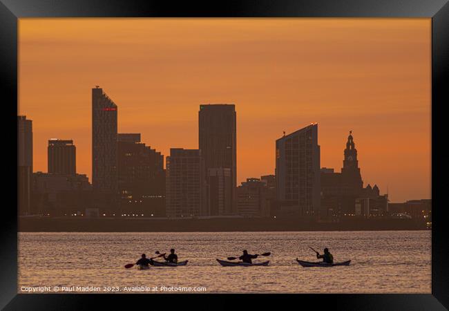 Liverpool waterfront sunrise from New Brighton and kayakers Framed Print by Paul Madden
