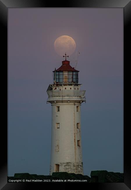 New Brighton lighthouse and full moon Framed Print by Paul Madden