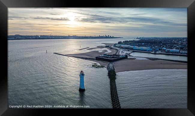 New Brighton lighthouse and Liverpool Waterfront at sunrise Framed Print by Paul Madden