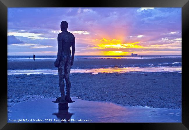 Crosby Beach Iron Man Sunset Framed Print by Paul Madden