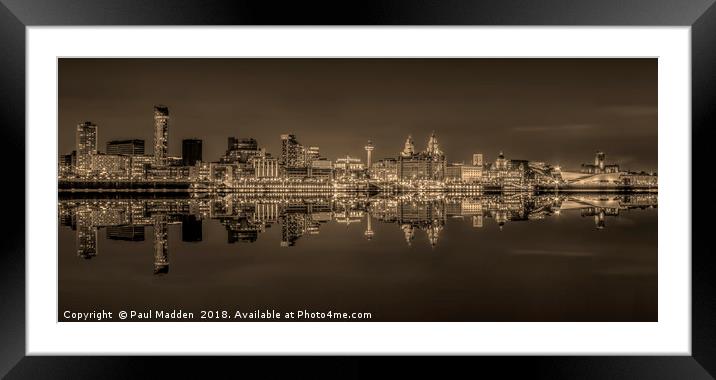 Liverpool skyline panorama at night - Sepia Framed Mounted Print by Paul Madden