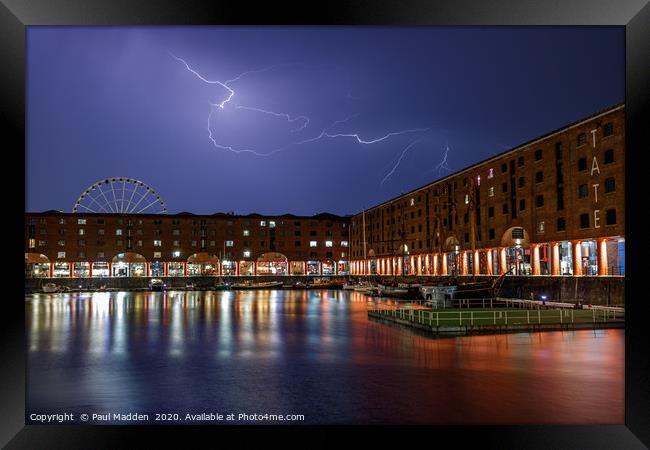 Lightning over the Royal Albert Dock Framed Print by Paul Madden