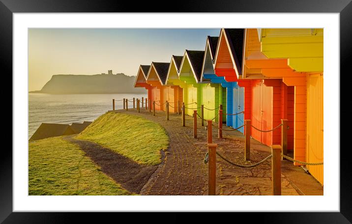 Scarborough Beach Huts and Castle Panorama Framed Mounted Print by Darren Galpin