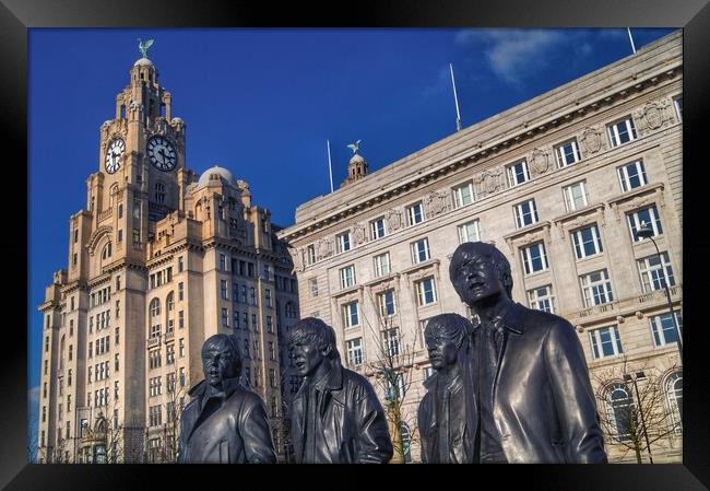 Beatles Statue and Liver Building  Framed Print by Darren Galpin