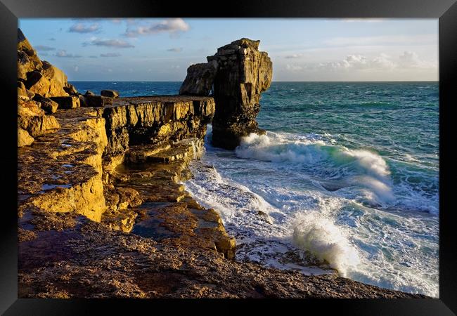 Pulpit Rock and stormy seas                        Framed Print by Darren Galpin