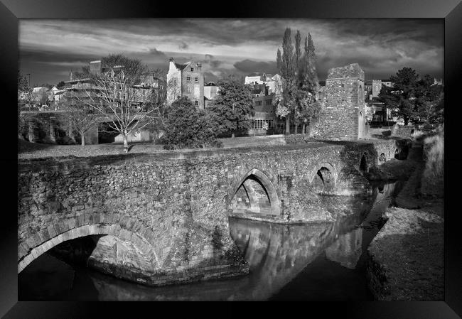 Medieval Exe Bridge in Mono                      Framed Print by Darren Galpin