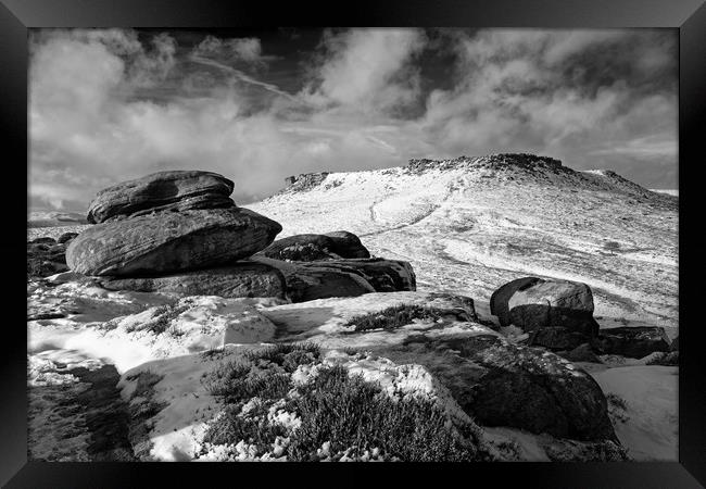 Higger Tor & Carl Wark in Mono Framed Print by Darren Galpin