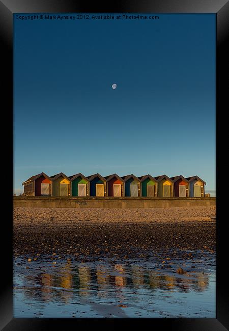 Moon over Blyth beach huts. Framed Print by Mark Aynsley
