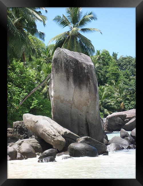 Seychelles Rocks Framed Print by Helen Springthorpe
