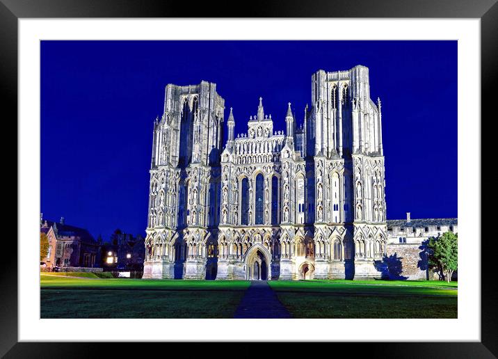 Wells Cathedral West Front At Night Framed Mounted Print by austin APPLEBY