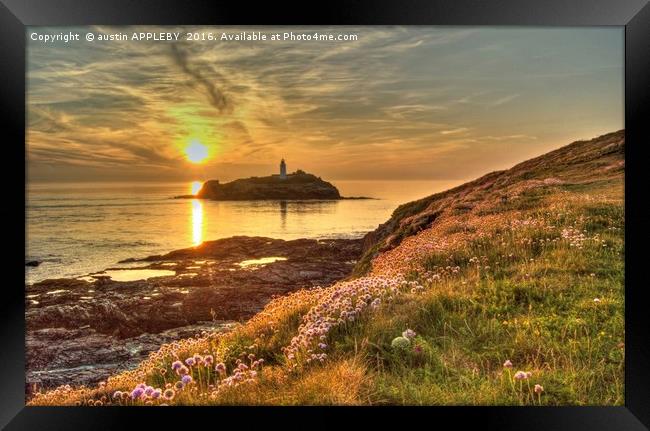 Godrevy Lighthouse Cornwall Sunset Framed Print by austin APPLEBY