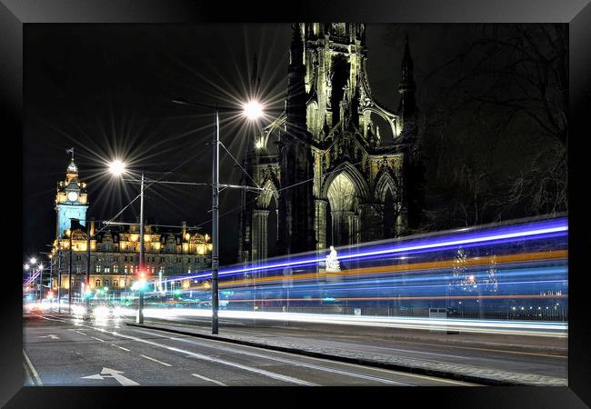 Princes Street Edinburgh Light Trails Framed Print by austin APPLEBY