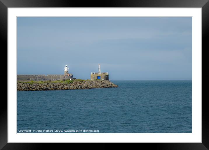 Breakwater Beacon and Lighthouse Framed Mounted Print by Jane Metters