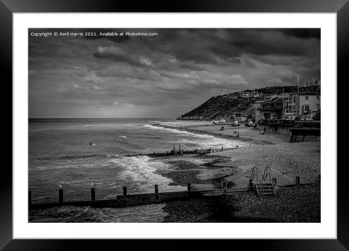 The Majestic Serenity of Cromer Beach Monochrome Framed Mounted Print by Avril Harris