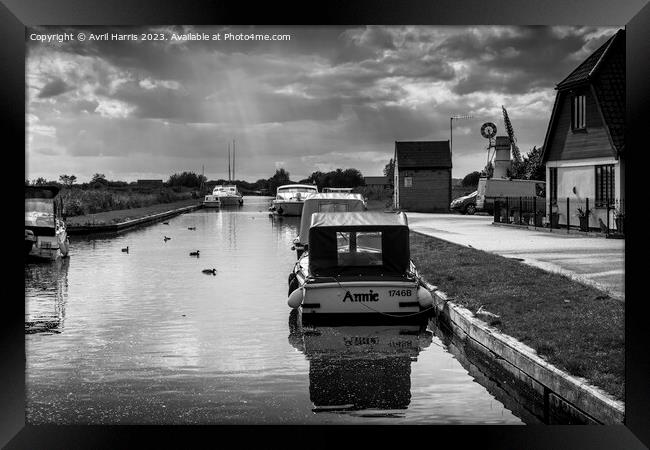 Tranquil waters at Thurne Dyke Framed Print by Avril Harris