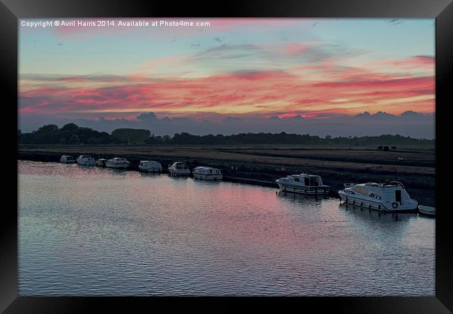 Acle river bure sunset Framed Print by Avril Harris