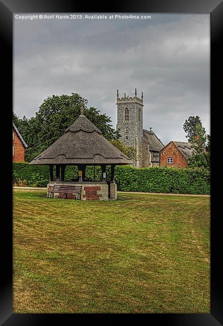 Woodbastwick village green and church Framed Print by Avril Harris