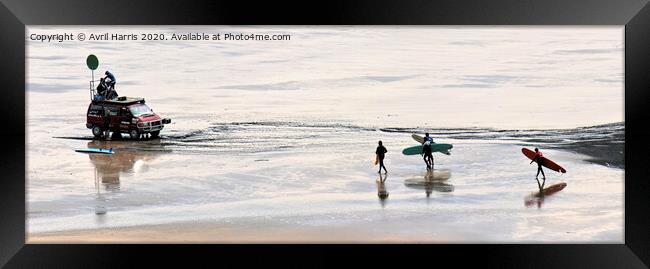 Woolacombe beach surfers. Framed Print by Avril Harris