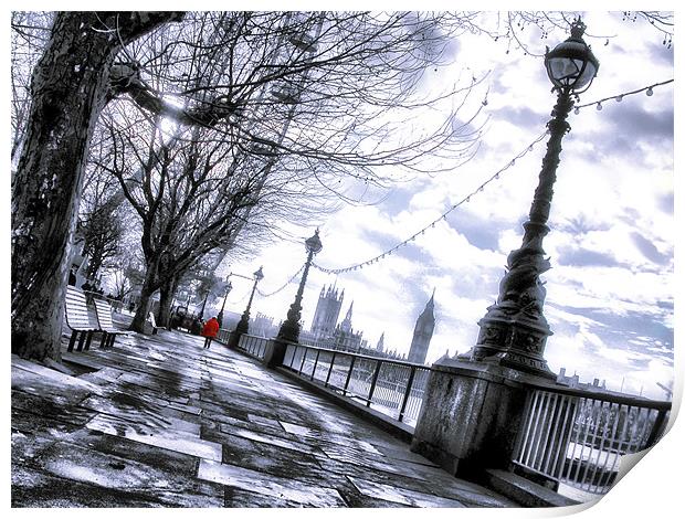 Red jacket on the south bank Print by Jonathan Pankhurst